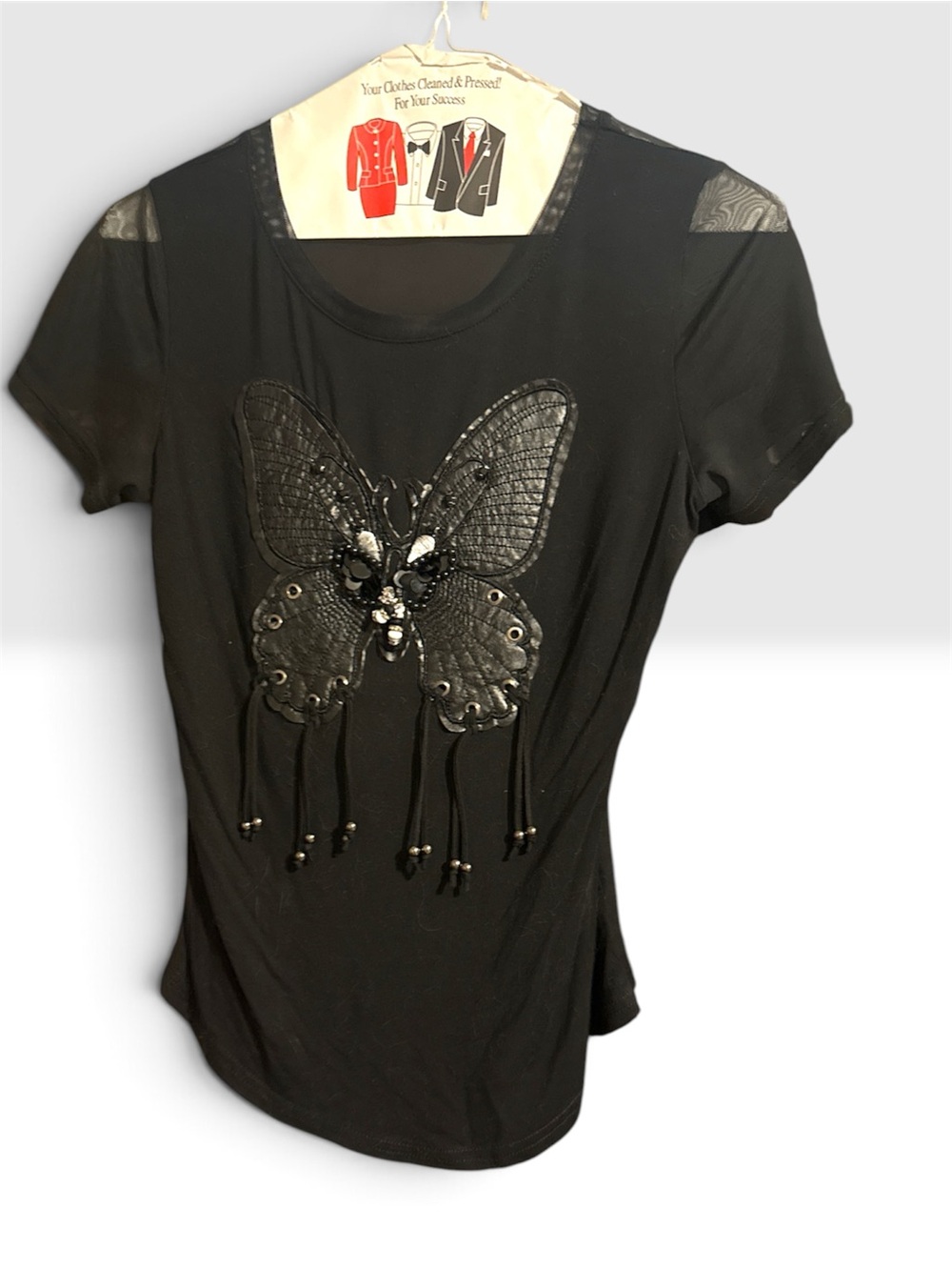 Black Butterfly Appliqué Fringe Short Sleeve Mesh Women’s Top